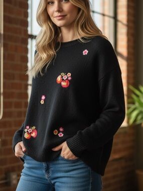 Lauren Conrad Disney Snow White Black Sweater with Red Floral & Apple Embroidery
